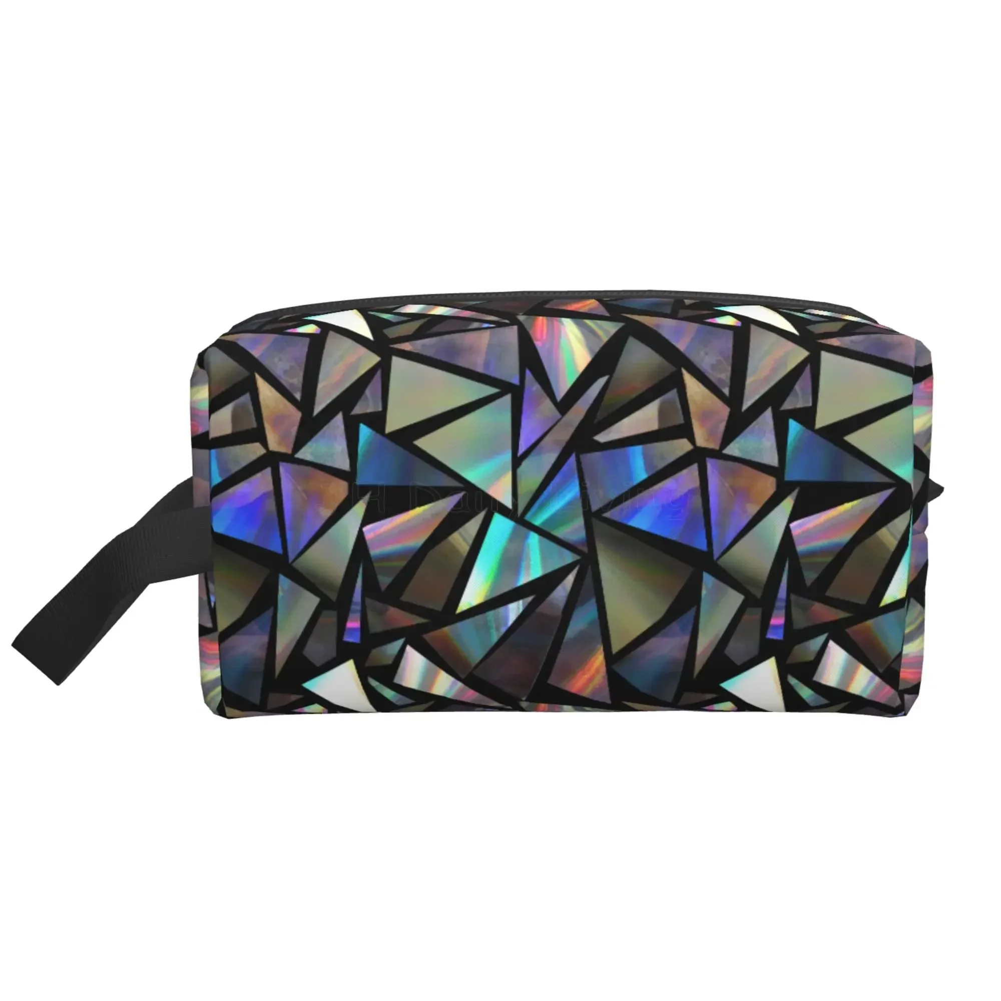 Lines Green Iridescent Holographic Triangles on Black Abstract Pattern Blue Glam Storage Bag Travel Cosmetic Bag