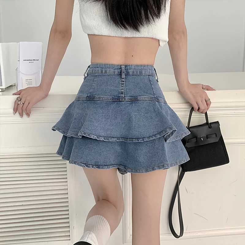 falda de Cintura Alta con Corte en A y Ribete de Encaje, Estilo Coreano, Color Puro, Falda Corta de Verano, Falda de Medi...