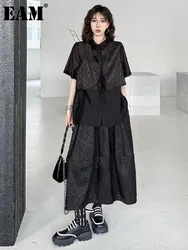 [EAM] Black Shirt Big Size Half-body Skirt Two Pieces Suit New Lapel Short Sleeve Women Fashion Tide Spring Autumn 2024  1DH5252