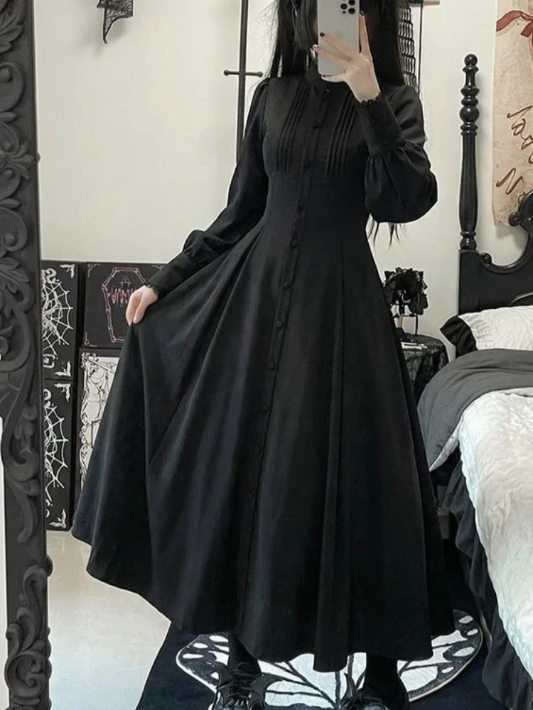 Harajuku Gotico Grunge Y2k Abito in pizzo Donna Anni 2000 Estetica Sexy Sottile Abiti da festa Coreano Fashion Design Nero Abito lungo da ballo