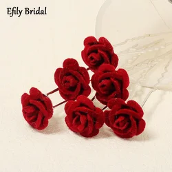 6pcs/lot Red Rose Wedding Bride Hairpins Flower Hair Accessories for Women Bridal Headpiece Floral Hair Pins Bridesmaid Gift
