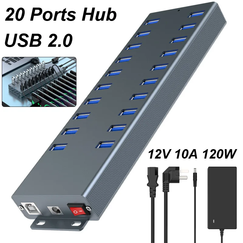 20 Port Multi USB 2.0 HUB High Speed Data Transmit Fast Charge USB Splitter External 120W 12V 10A AC Power Cable Adapter for PC