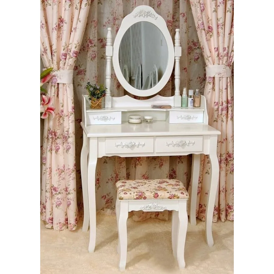 مجموعة طاولة مكياج مكونة من 4 أدراج مع مقعد مرآة بيضاوي وطاولة تزيين خشبية لغرفة النوم باللون الأبيض #1