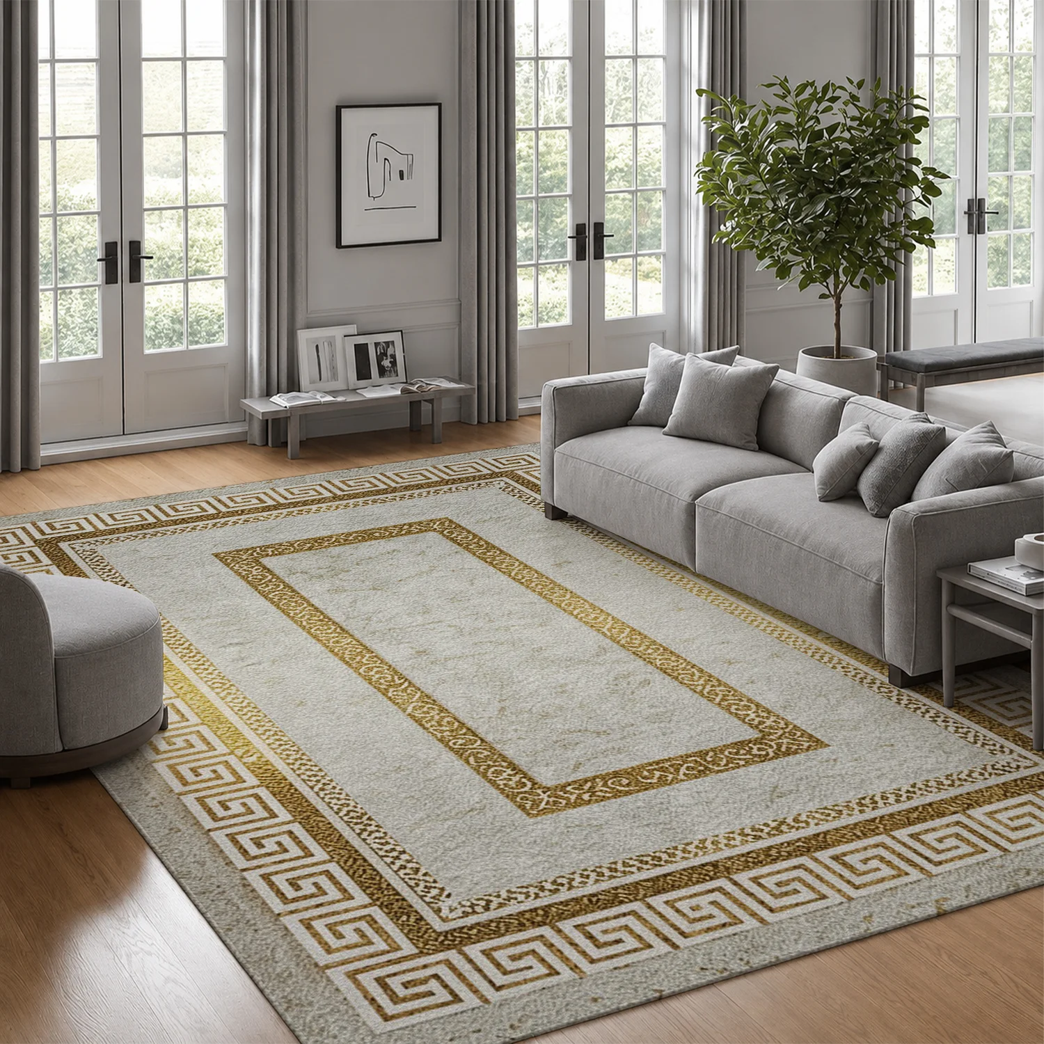 Large Indoor Area Rug, Soft Velvet Low Pile Non-Slip Dotted Backing, Machine Washable Greek Key Border Rug, Light Gray with Gold Trim for Living Room, Bedroom, Entryway