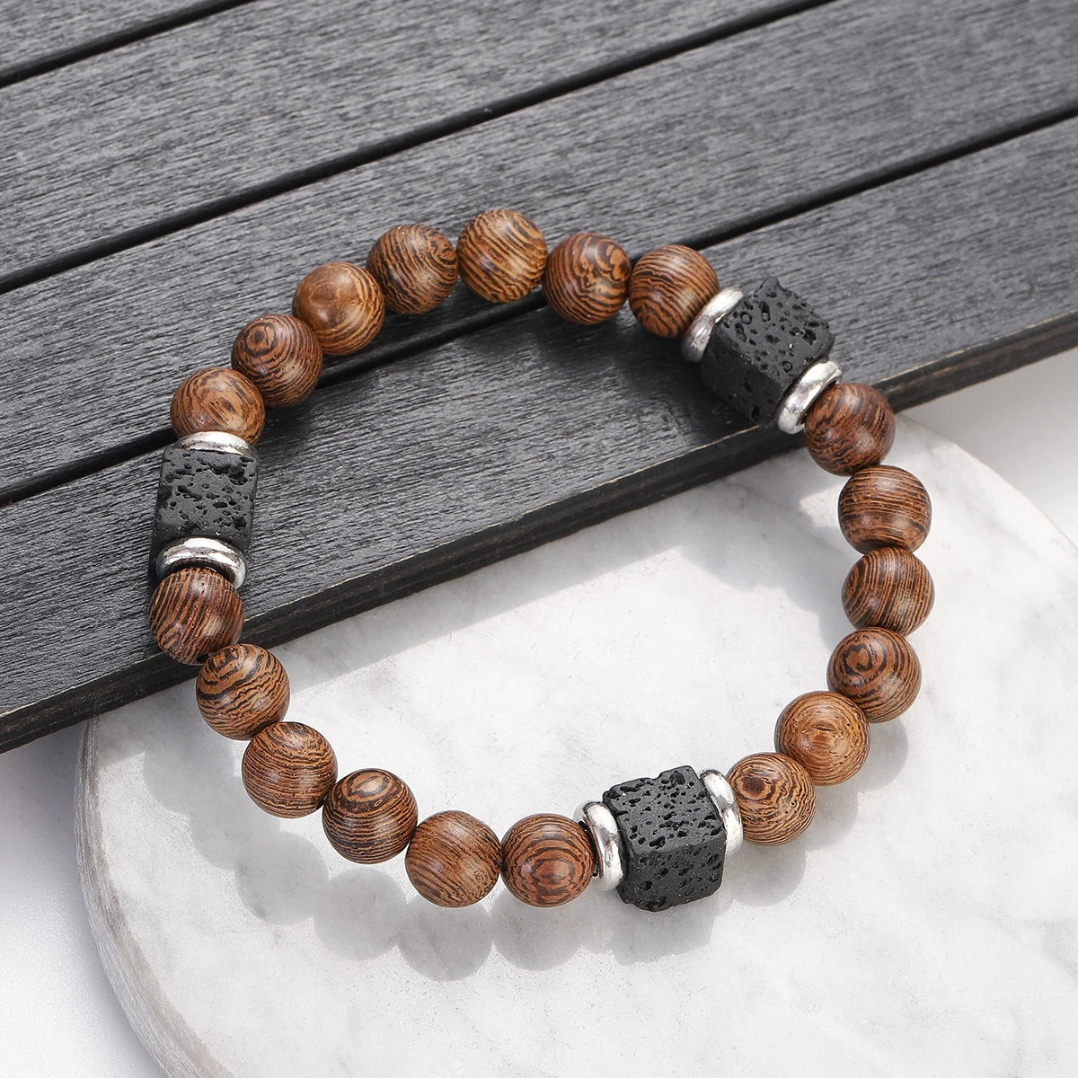 New Ethnic Wood Beaded Bracelet Men Jewelry Handmade Charm Bracelet Square Volcanic Stone Tibetan Buddha Meditation