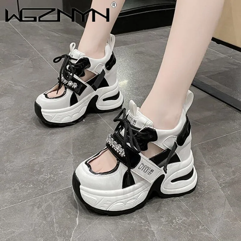 Women Walking Sneakers 2024 Summer Autumn Lace-up High Platform Chunky Shoes Breathable Leather Shoes Wedge Heels Casual Shoes