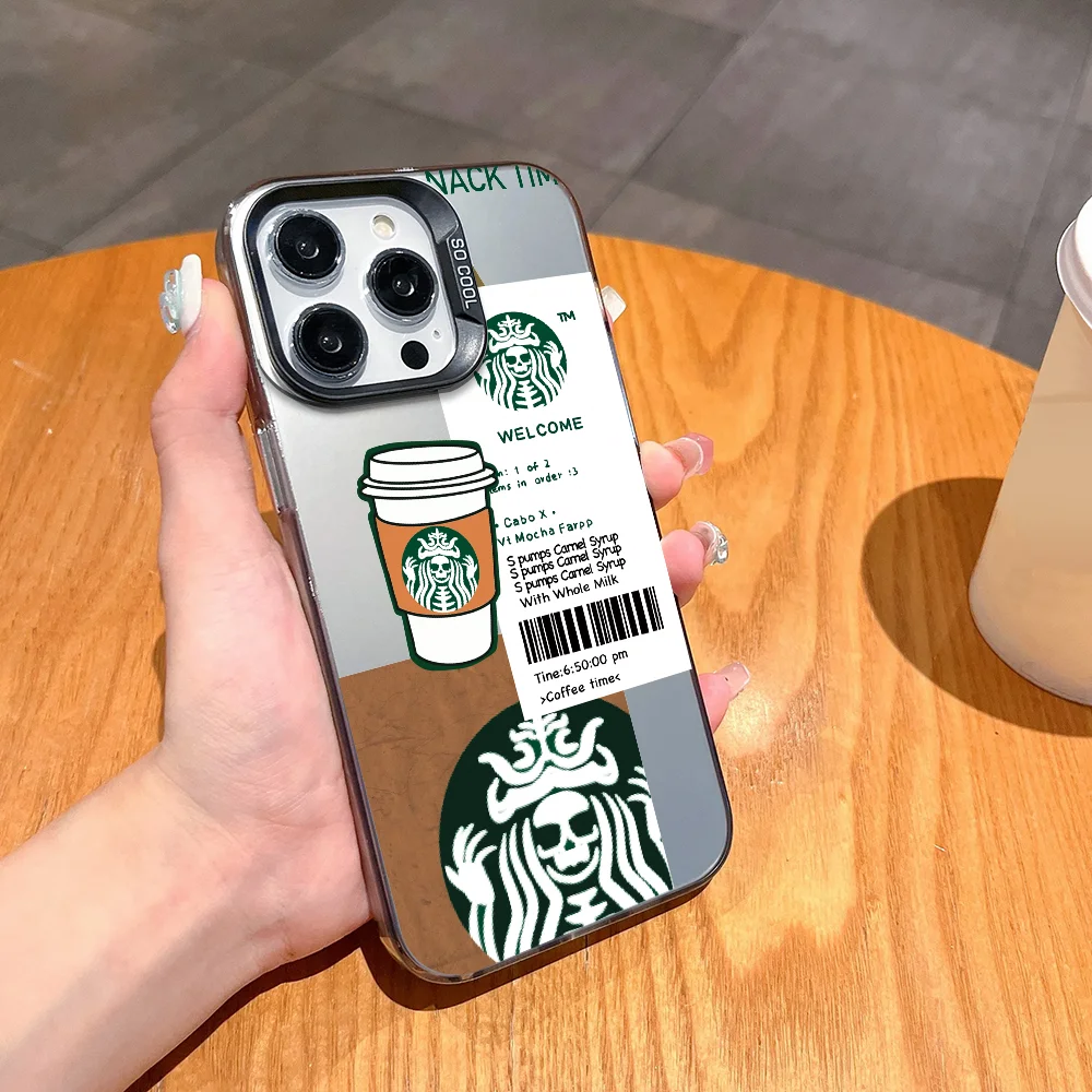 حافظة هاتف ماركة S-Starbucks FUNDA لهاتف iPhone 12 11 13 14 15 16 Max Pro Plus Mini Silver