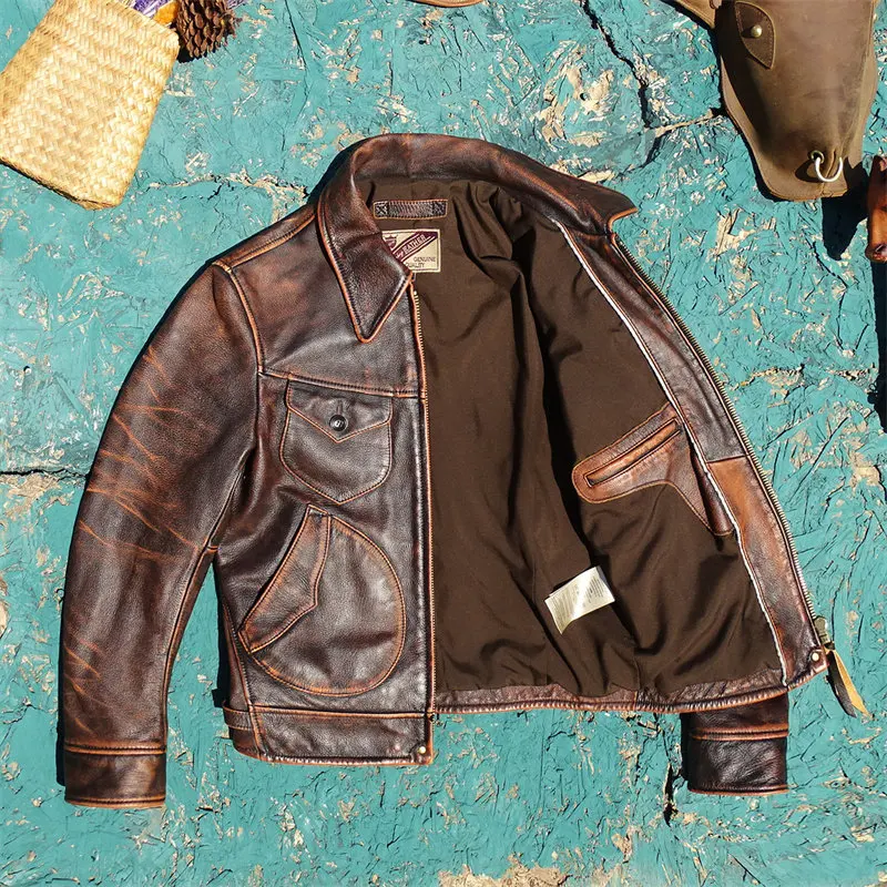 Men Mendoza Genuine Leather Jacket Stone Washed Faded Tea Core Top Grain Cowhide American Vintage Western Work Coat