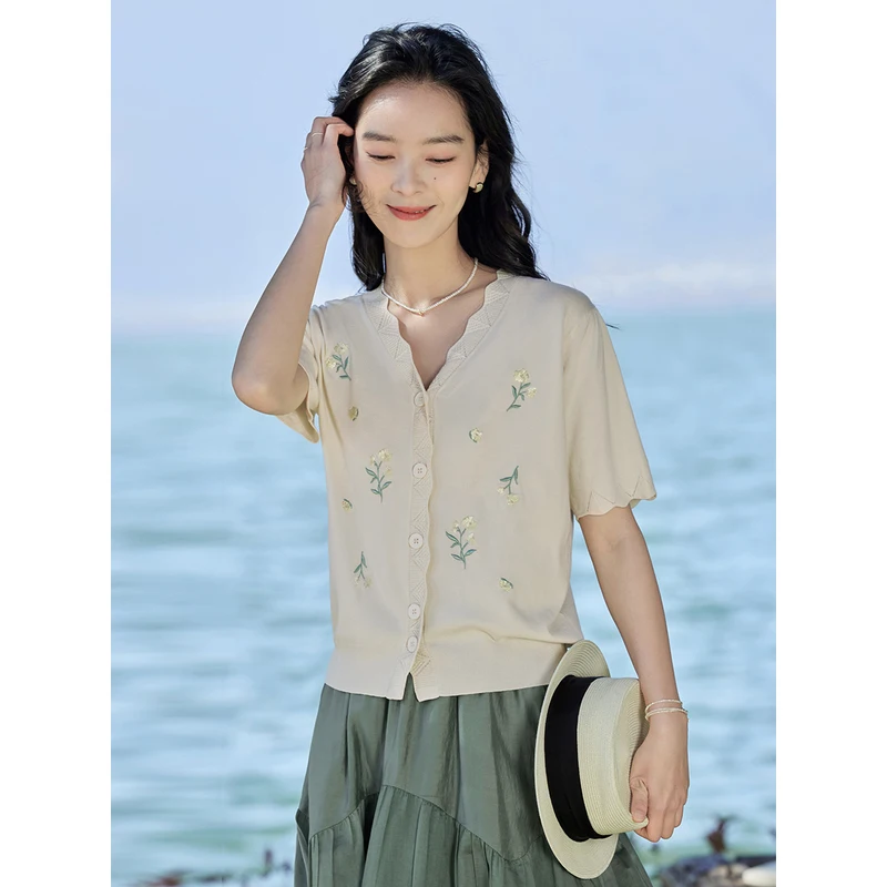 INMAN Women Knit Cardigan 2023 Summer Short Sleeve Wave V-neck Stretch Loose Tshirt Flower Embroidery Breathable Sweater Tops