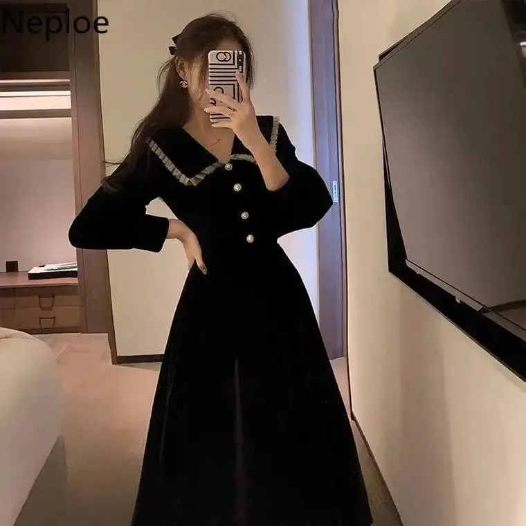 Woman Party Dresses Korean Vintage Velvet Black Dress Long Sleeve Robe Elegant Clothes Japanese Peter Pan Collar Vestidos Mujer