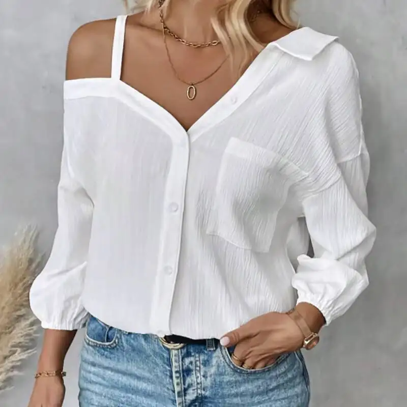 

Women's Blouse Spring Summer White Cold Shoulder Spaghetti Strap V Neck Button Front Pocket Casual Daily Office Top