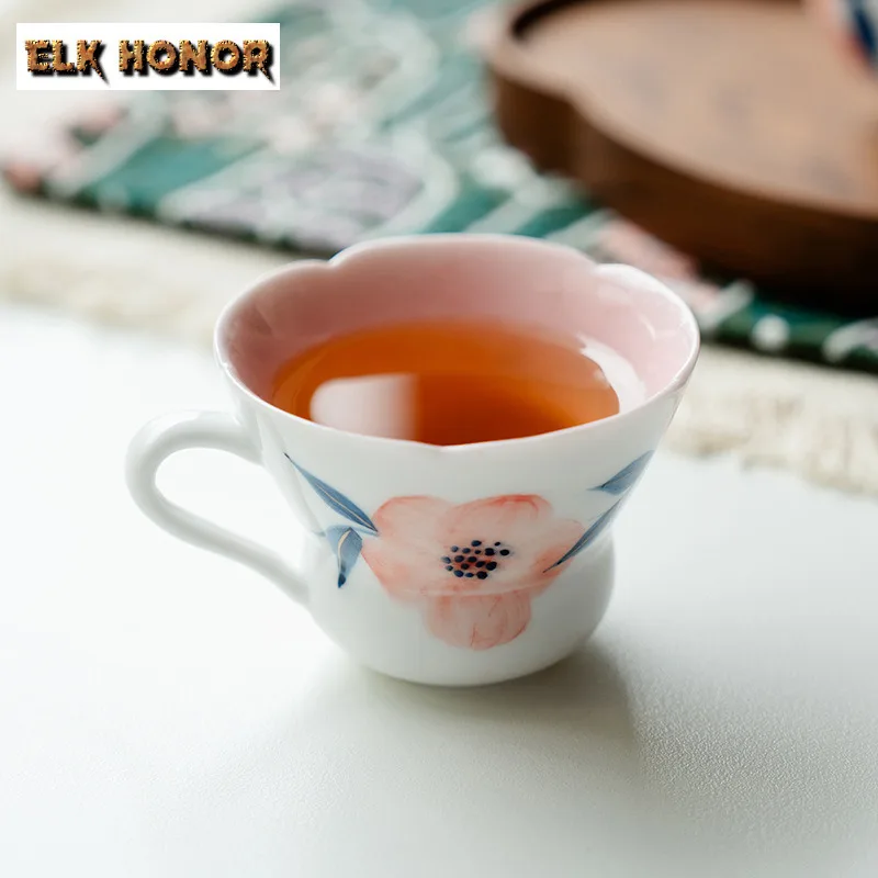 85ml Hand-painted Peach Blossom Fortune Flower Mouth Teacup Zen Tea Bowl Jug Tea-tasting Personal Cup Chazhan Master Cups Craft