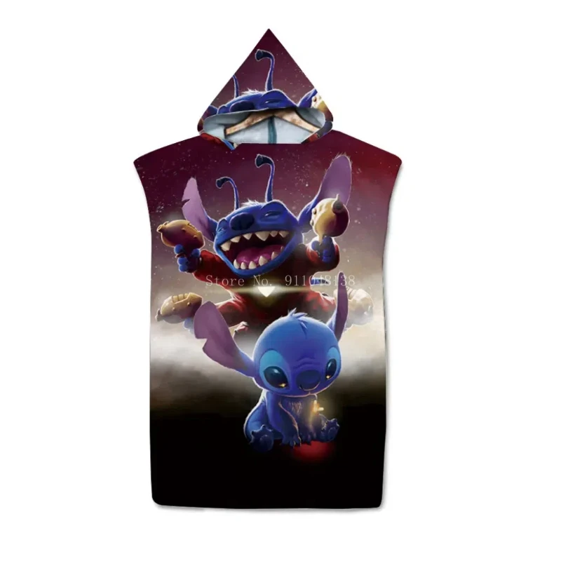 Disney Lilo & Stitch Cute Cartoon 3D Printed Hooded Beach Quick Dry Swimming Surf Robe Cape Kids Fitness Adult