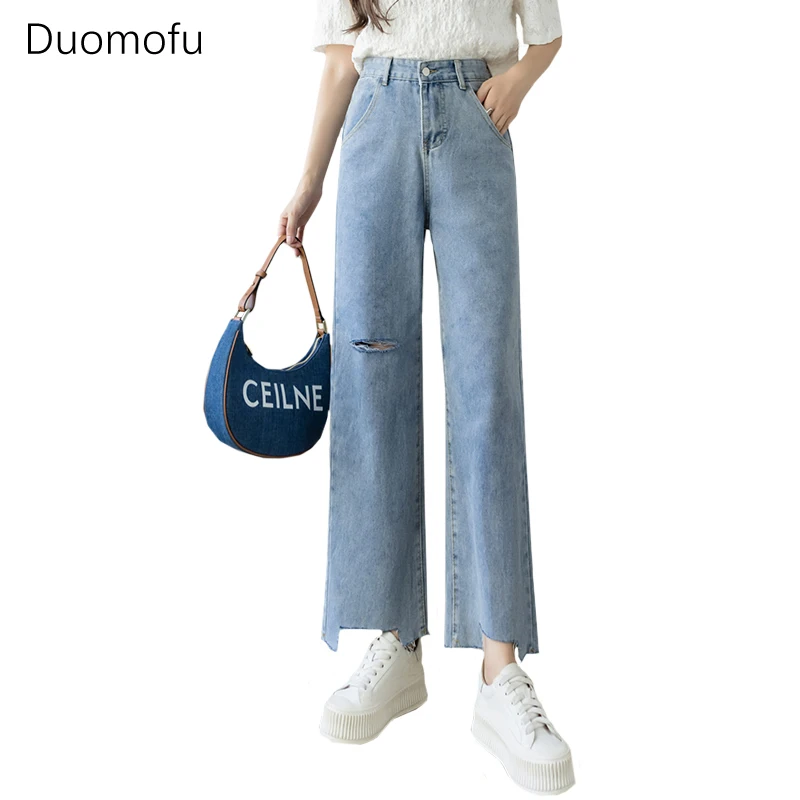 Duomofu-Jeans solto reto irregular clássico feminino, cintura alta, magro, oco fora, simples, casual, moda feminina, verão