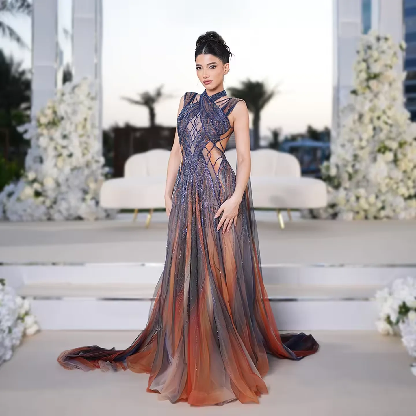 

Индивидуальное элегантное вечернее платье 2026 года для женщин: А-силуэт, расшитое бисером, без рукавов, для выпускного, свадьбы, танцев и вечеринок в Саудовской Аравии