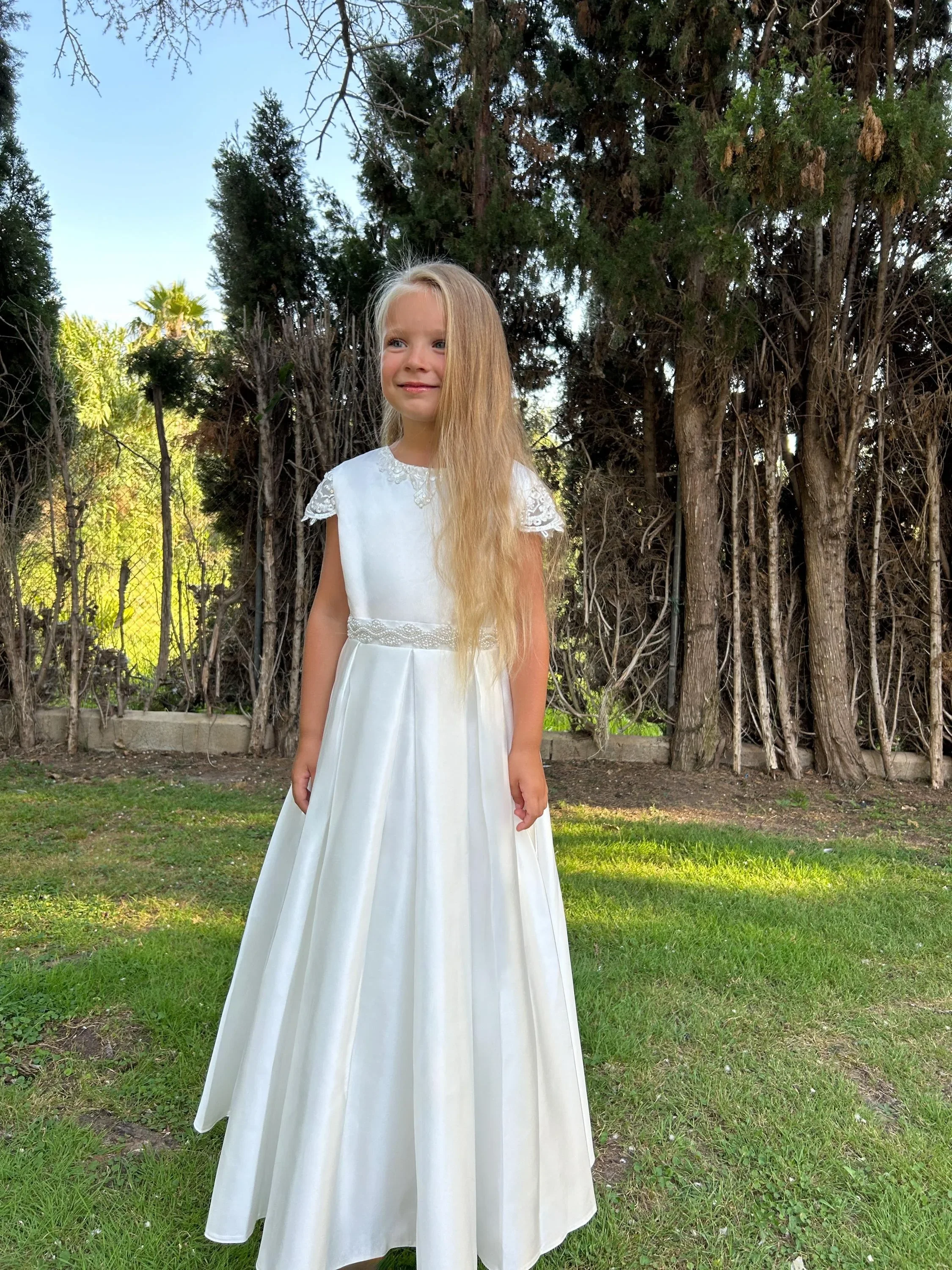 Custom Luxury FlowerGirl Wedding Pageant White Cap Sleeve Satin Lace Waist Kid Luxe Birthday Guest Evening Runway Maxi Dress