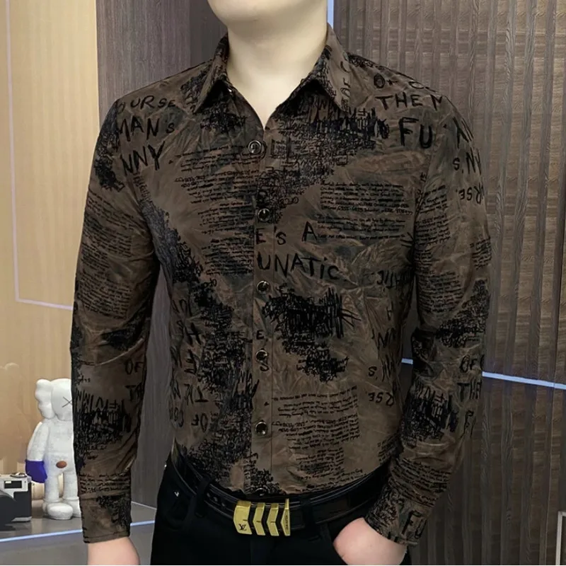 

Осенняя мужская рубашка с длинными рукавами и буквенным принтом, высококачественная эластичная удобная повседневная рубашка, уличная мужская одежда в социальном стиле