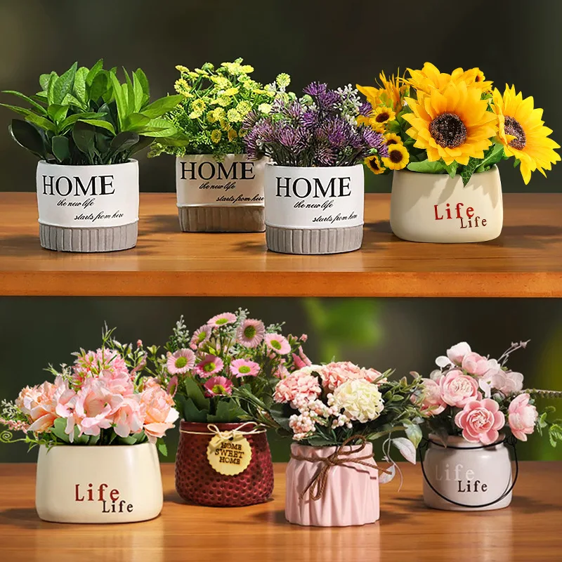 

Realistic Ceramic Flower Pots Artificial Green Plants Decorative Accessories for Living Room High-End Simulation Flowers