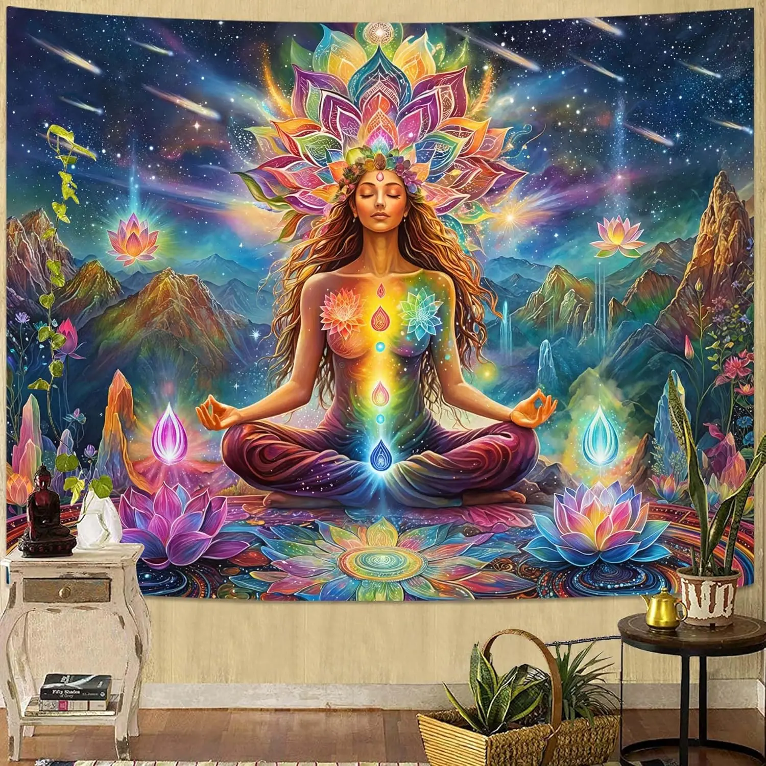 Vibrant Goddess Lotus Mandala Tapestry Boho Yoga Wall Hanging Spiritual Meditation Cosmic Art Bohemian Hindu Decor Polyester Hom