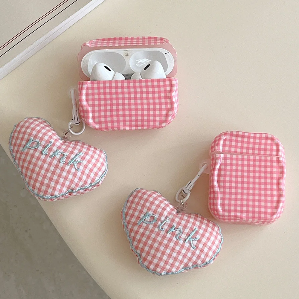 Custodia per cuffie con ciondolo a forma di cuore d'amore per Airpods Pro Semplice modello a reticolo rosa blu Accessori per auricolari Fonda per AirPods 1 2 3