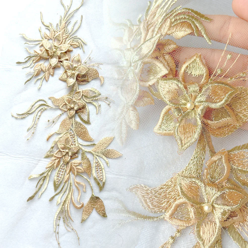 3D Flower Embroidered Lace Appliques Embellishments Floral Sew on Patches for Handmade Wedding Dress Decoration DIY Sewing Craft