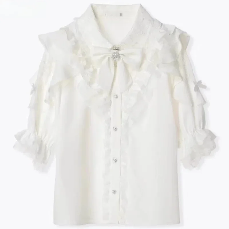 Camicie con fiocco stile Lolita gotico giapponese Donna Dolce Y2k Camicette a maniche corte con volant in pizzo Top Estate femminile Vintage Punk Blusas