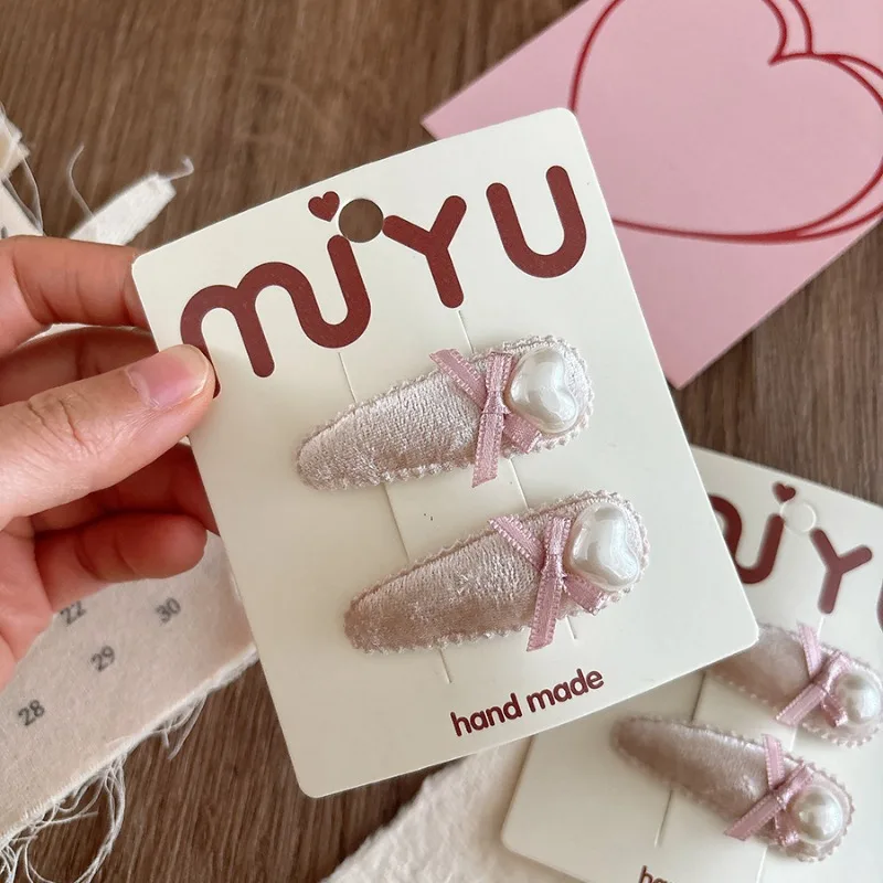 Korean Style Pink Color Velvet Hair Clips for Girls Pearl Bow Drop Shape BB Barrettes Cute Side Part Hairpins for Toddler Kids