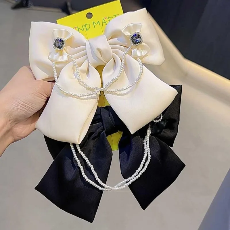 Korean Fashion Ribbon Bow Hair Clips Pearl Tassel Spring Clip Temperament Hairpins Headpiece Hair Accessories for Women image 2
