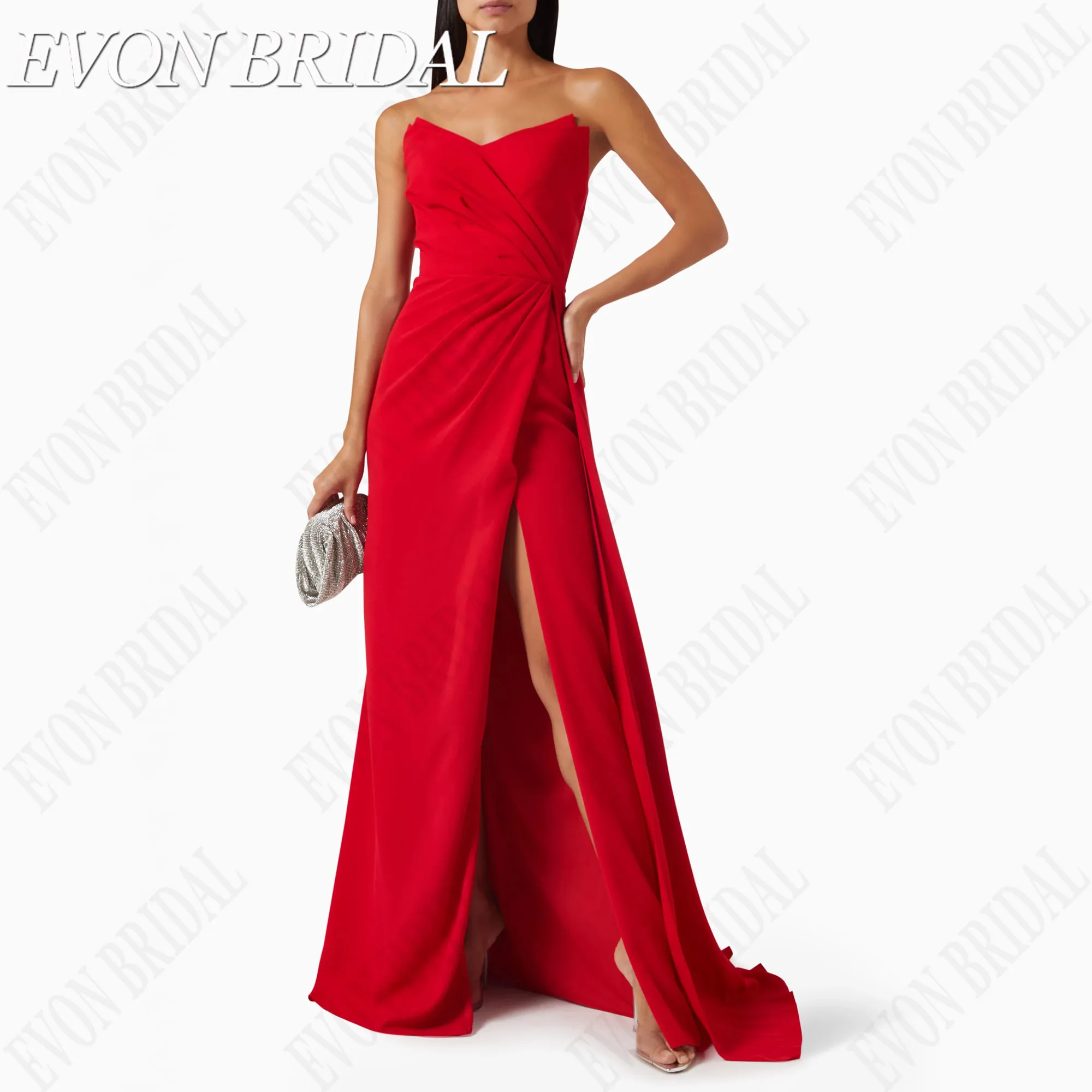 

EVON BRIDAL A-line Strapless Celebrity Evening Dresses Sleeveless Side Slit Satin فساتين سهره نسائيه فخمة Backless Customized