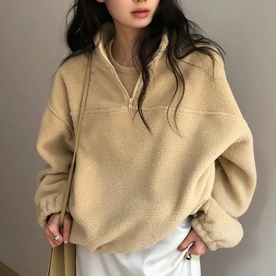 Chique herfst winter anti-aging retro klein ontwerp gevoel personali ritssluiting aan de voorkant kleine opstaande kraag fce hoodie damesstolsel...