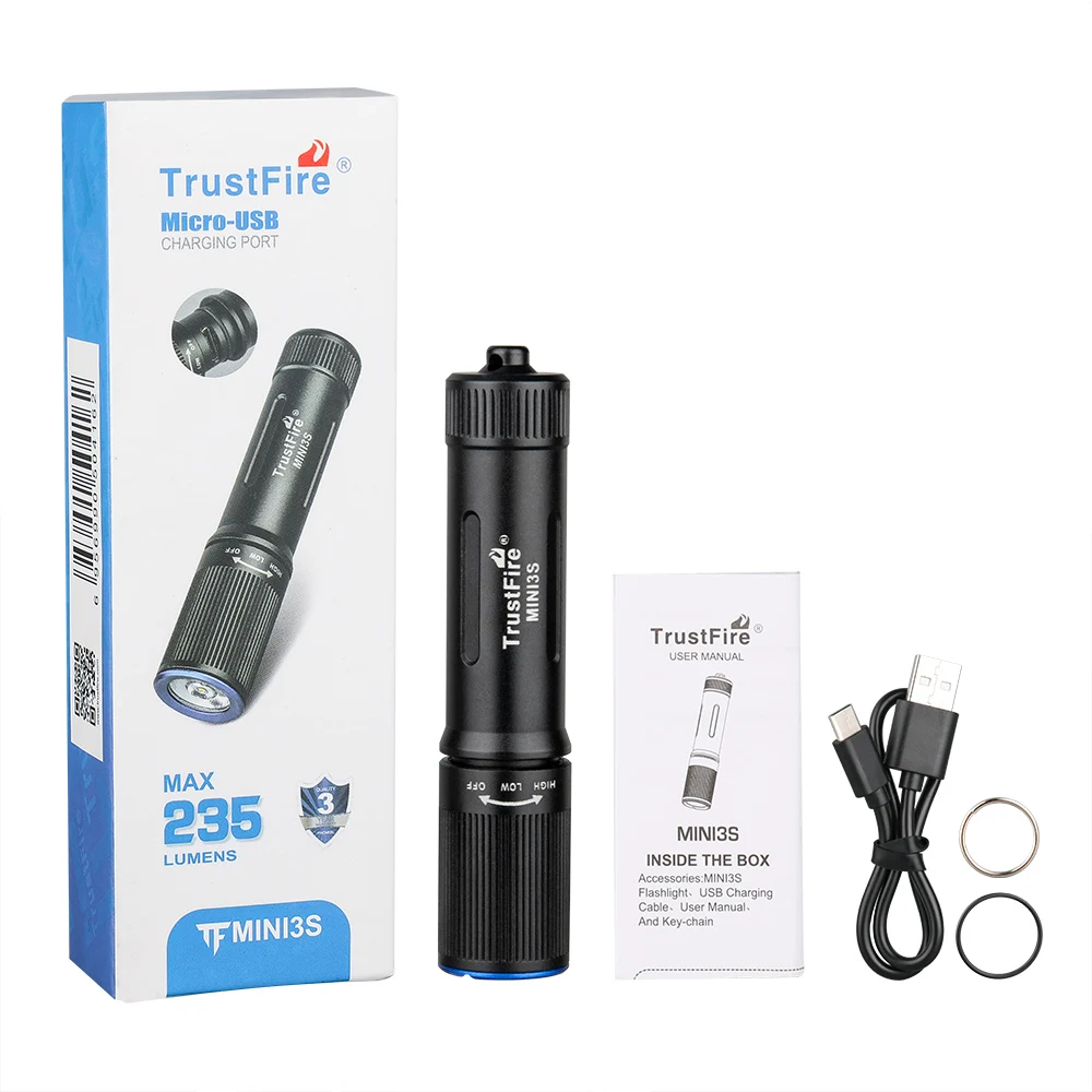 Trustfire Mini3s Rechargeable Flashlight 235Lumen EDC Keychian Pocket Torch Protable Work Light IPX8 Waterproof Mini Lamp