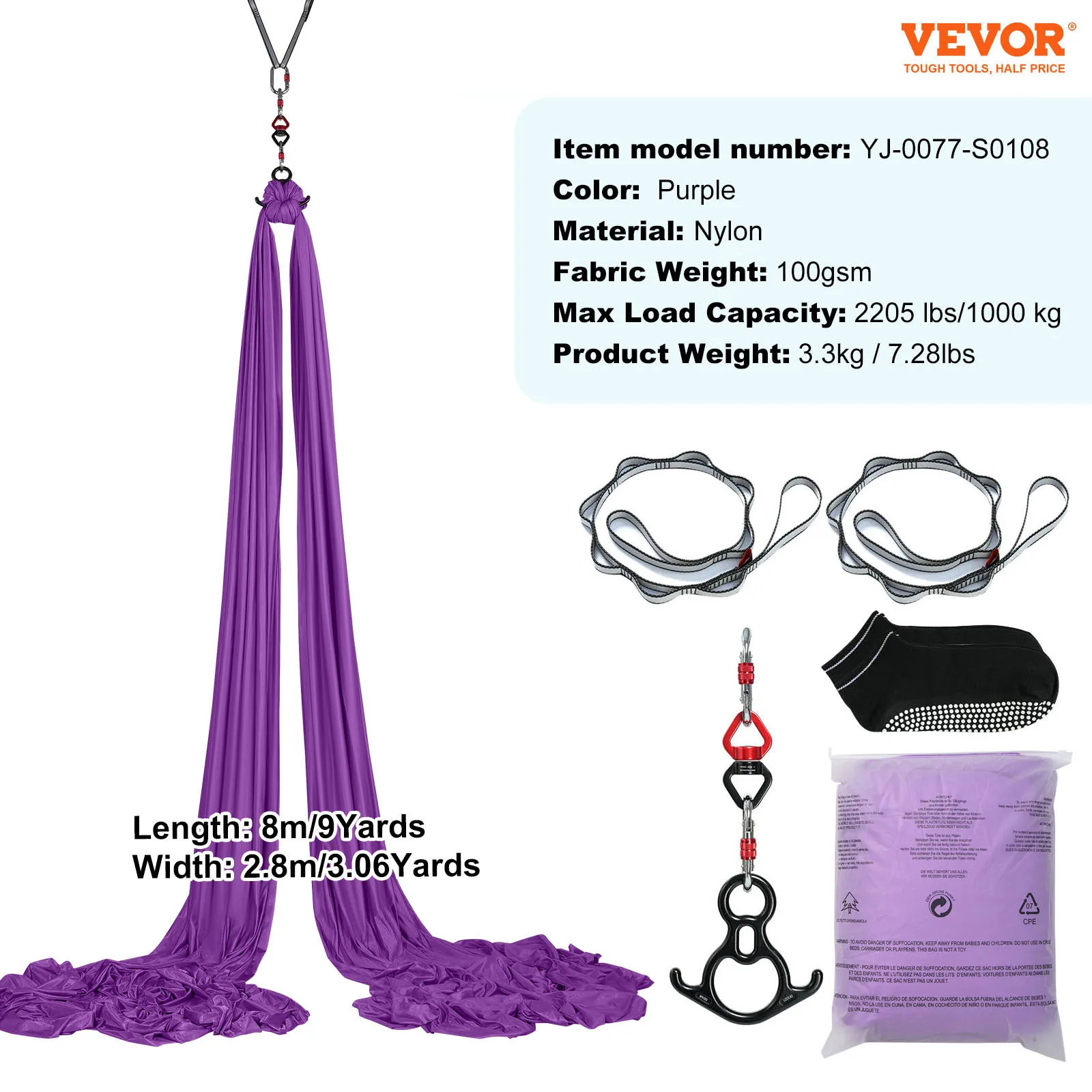 SucceBuy 8.7/11Yards Antenne Yoga Hangmat & Schommel Yoga Starter Kit Antenne Zijde Stof Yoga Band Accessoire voor alle Niveaus Fitness