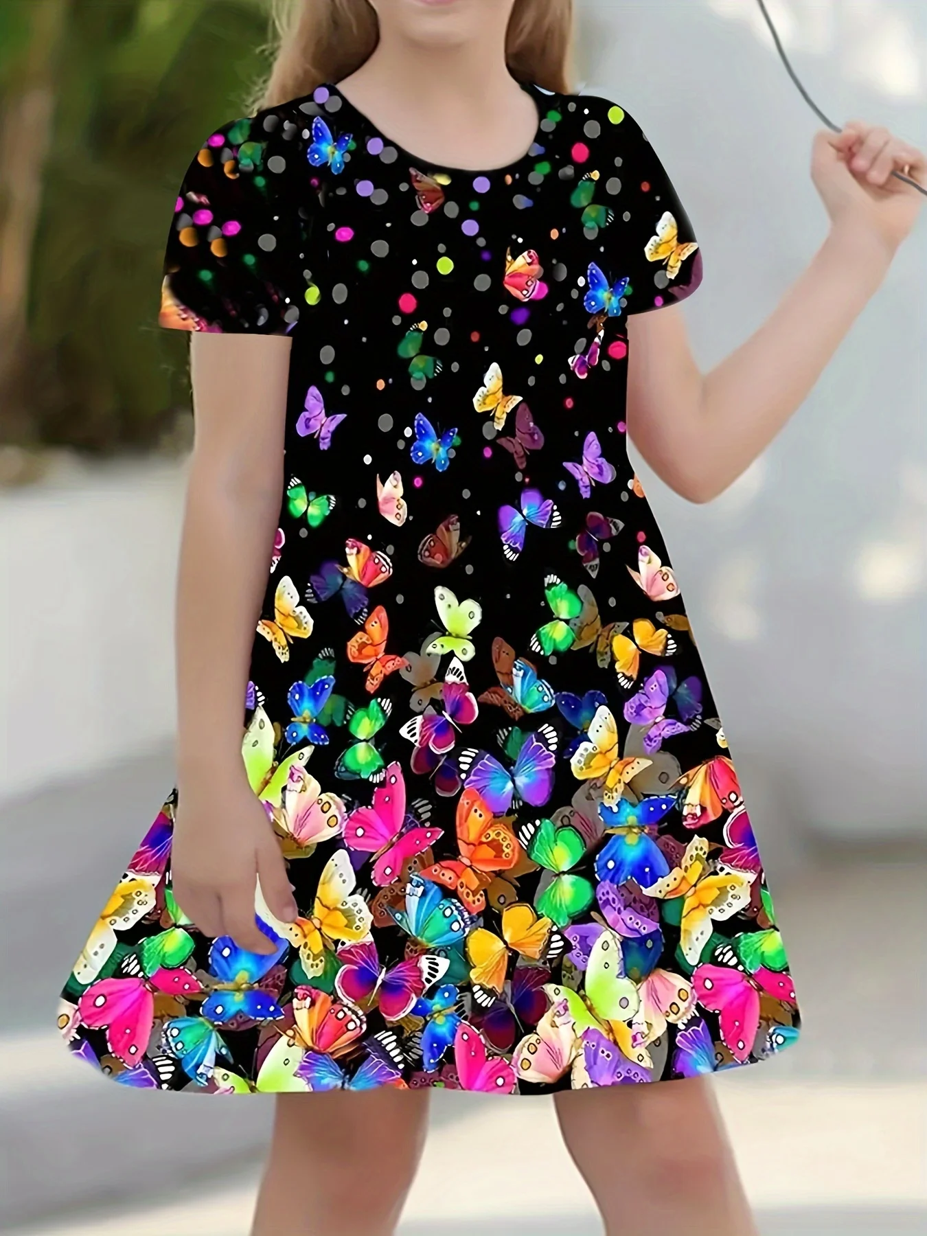 3-14 year old girl butterfly small fresh 3D printed short sleeved dress loose and comfortable party dress