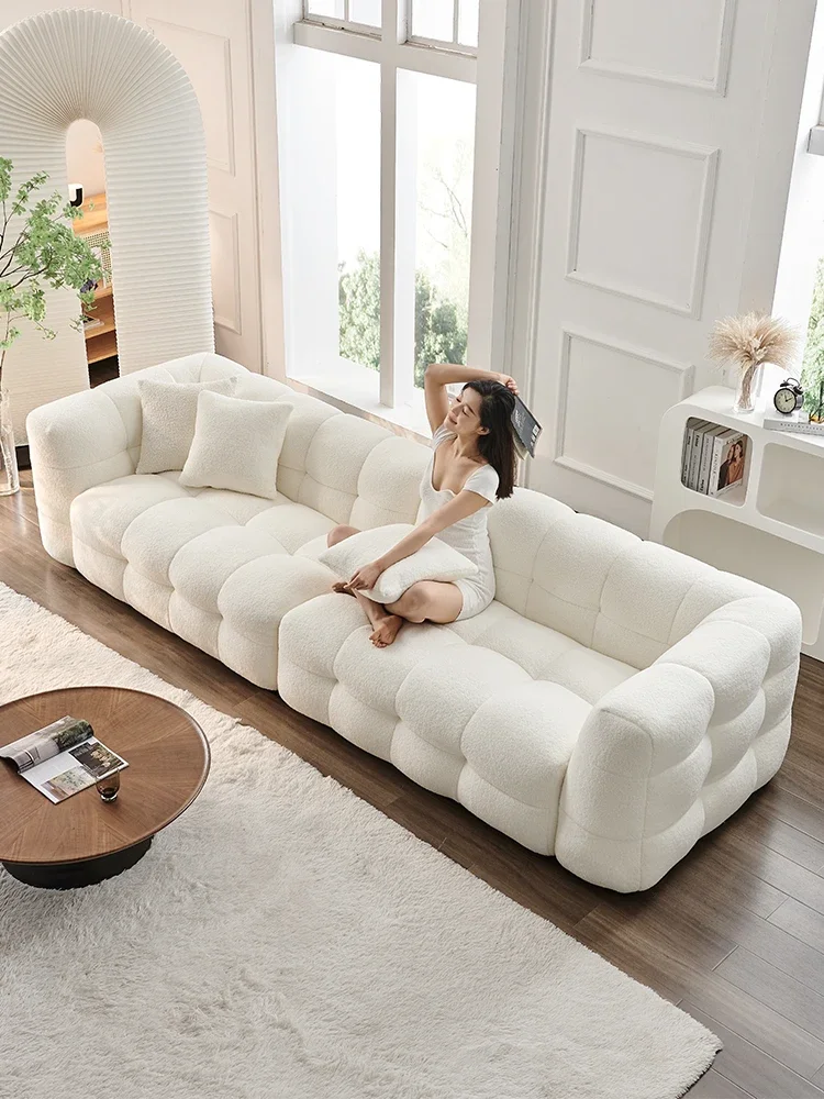 French cream style soft furnishings Nordic minimalist small living room marshmallow inline fabric sofa