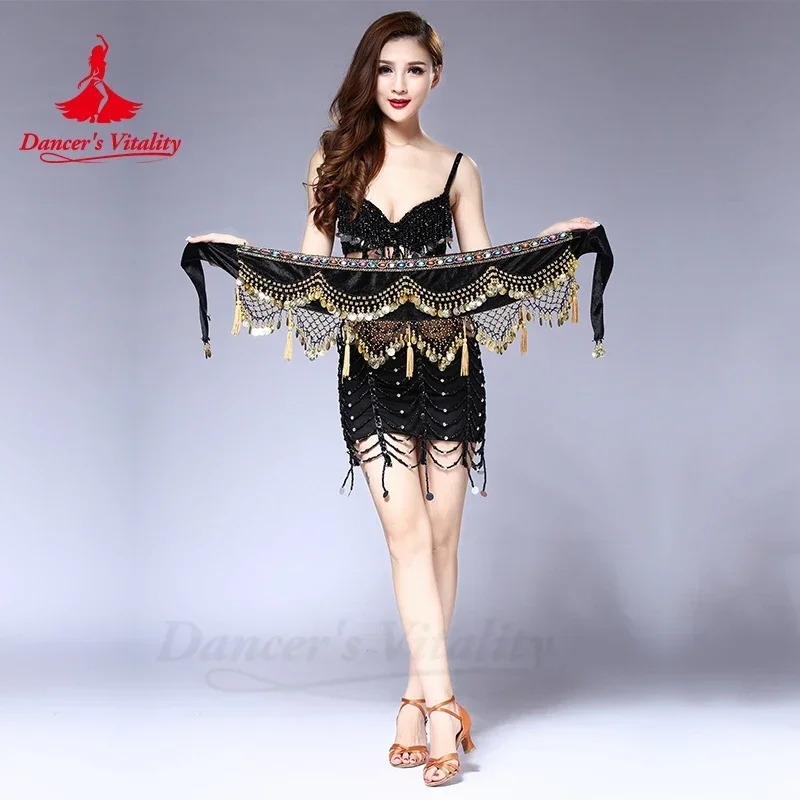 สไตล์ใหม่ Belly Dance เครื่องแต่งกายกำมะหยี่โคมไฟทองเหรียญ Belly Dance สะโพกผ้าพันคอสำหรับสุภาพสตรีเต้นรำเข็มขัด