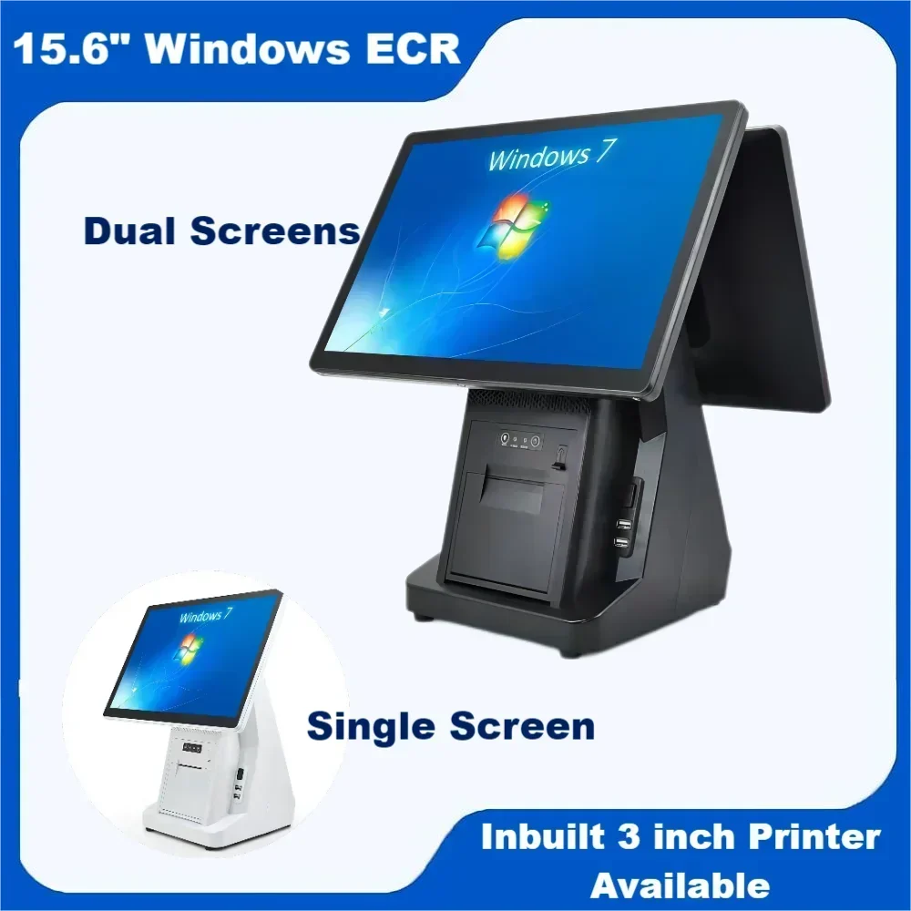 15.6 นิ้ว Windows POS ระบบ I3 I5 Win10 Touch Screen Cash Register 58/ 80 มม.เครื่องพิมพ์ความร้อนร้านอาหาร ECR Terminal Desktop POS