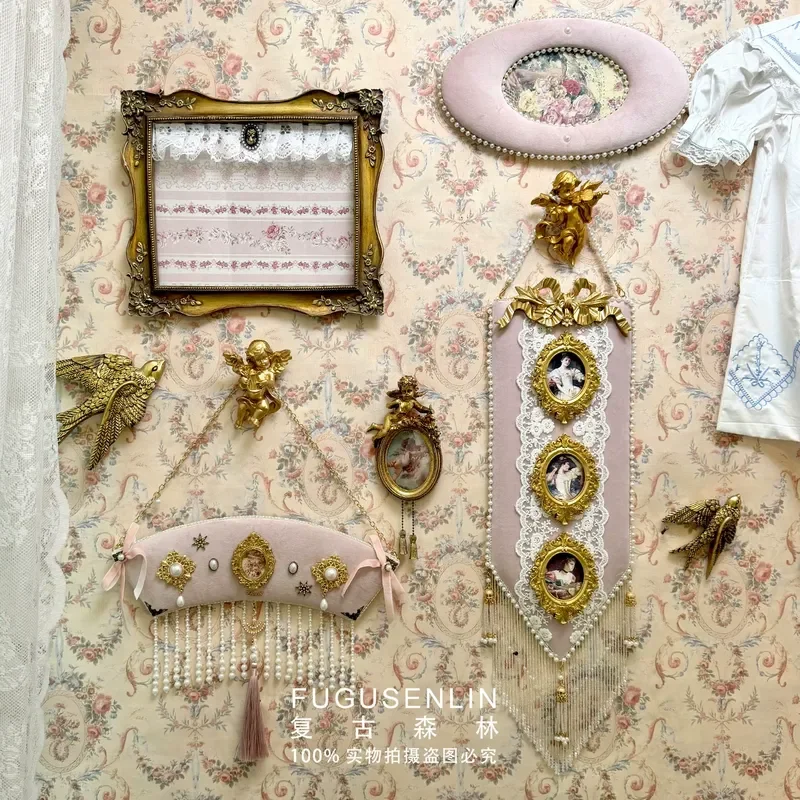 Retro Handmade Light Luxury Court Style Pink Velvet Relief Picture Frame Wall Hanging for Daughter Room Home Photo Wall Decor