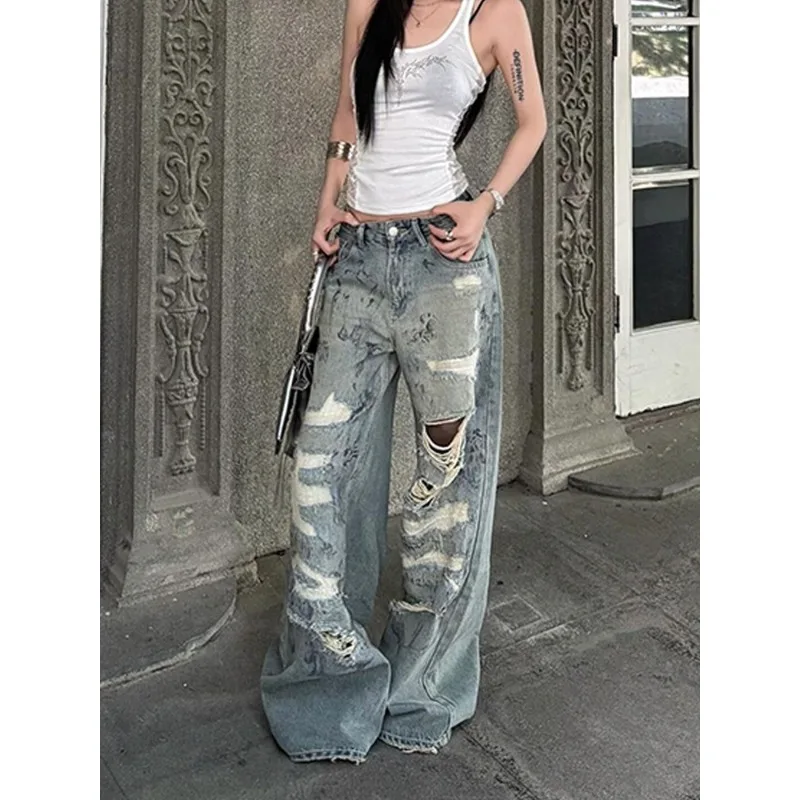 

Американские модные женские прямые джинсы с нерегулярными дырками, лето 202, модные новые широкие джинсовые брюки с высокой талией, женские