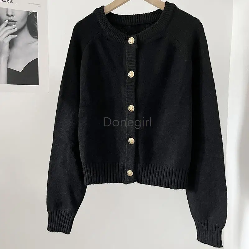 Donegirl Autumn Winter New 2024 Women Round Neck Single-breasted Solid Knitted Sweater Cardigan Simple Commute Tops Coat Chic