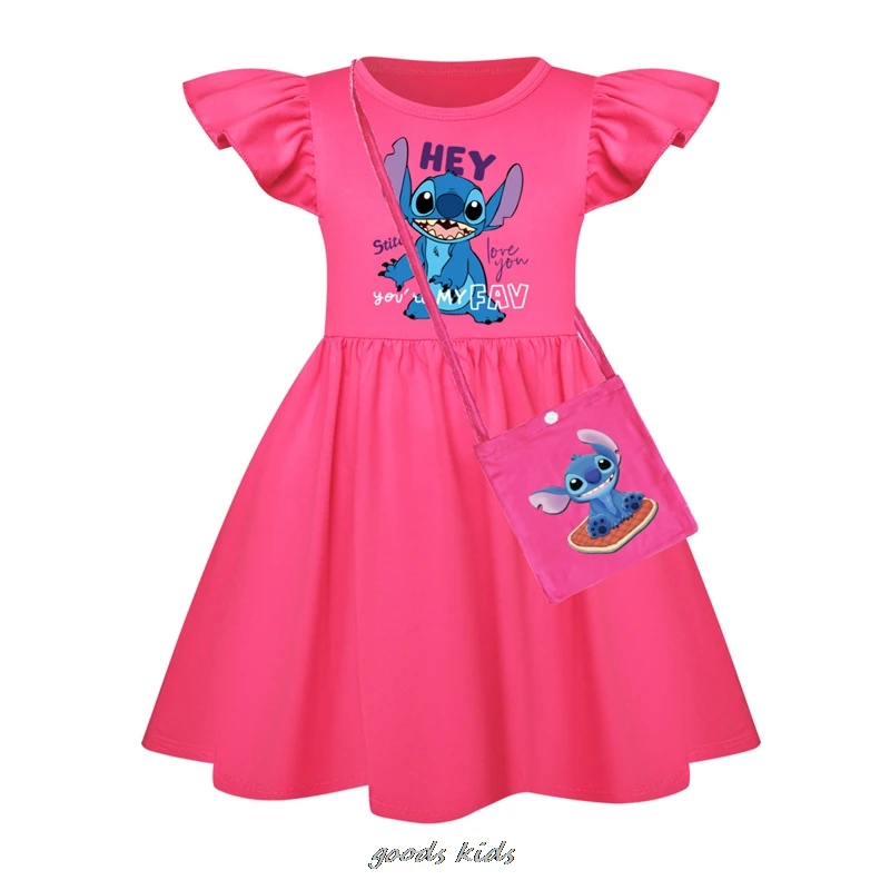 Vestido infantil Lilo e Stitch Cartoon, Vestidos para bebês, roupas infantis, fantasia cosplay, manga voadora, casual, bolsa pequena, quente