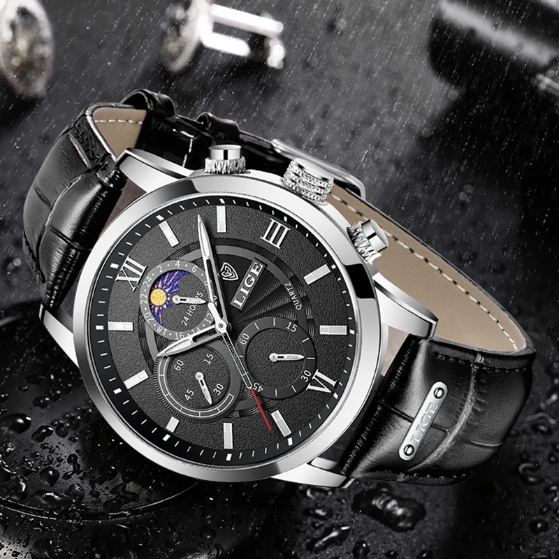 LIGE Military Watch For Men Top Brand Luxury Fashion Mens Watches Casual Leather Waterproof Quartz Chronograph Relogio Masculino