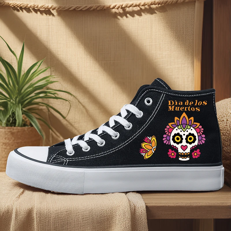 

Women's Sports Shoes for All Seasons, Outdoor Student Fashionistas, Women's Canvas Shoes, Skull Flower High-Top Round Toe Flats Bottom Breathable Vulcanized Shoes, Digital Printing Women's Shoes
