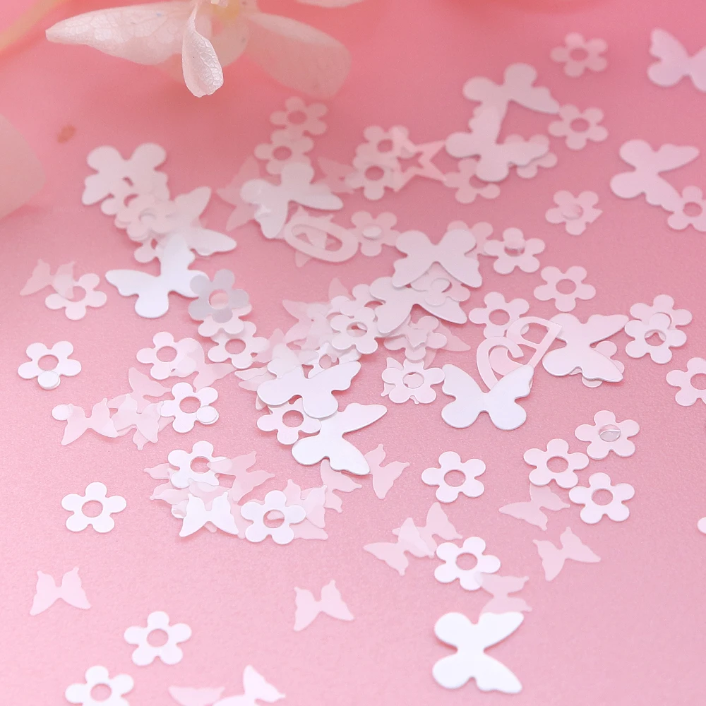 12 Grids/Box Pure White Nail Art Sequins Mixed Butterfly Love Heart Flowers Glitter Flakes Spring Summer Manicure DIY Decoration