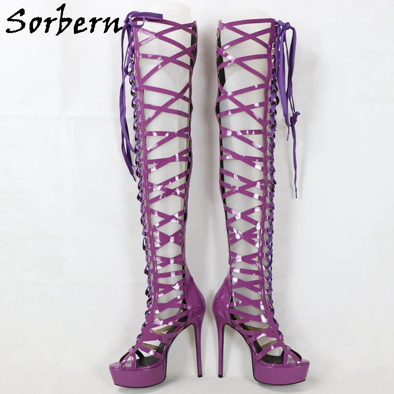 Sorbern Purple Patent Long Summer Sandals Women Shoes Stilettos High Heels Mid Thigh Boots Platform Shoes Lace Up Custom Color