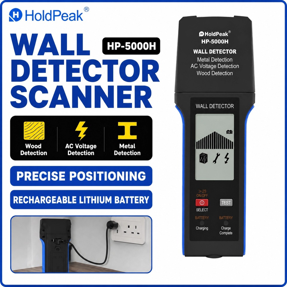  HoldPeak Stud Finder Wall Scanner 3-in-1 Metal Wood AC Live Wire Detector 5-10cm Depth Type-C Rechargeable Battery Auto Off Tool 