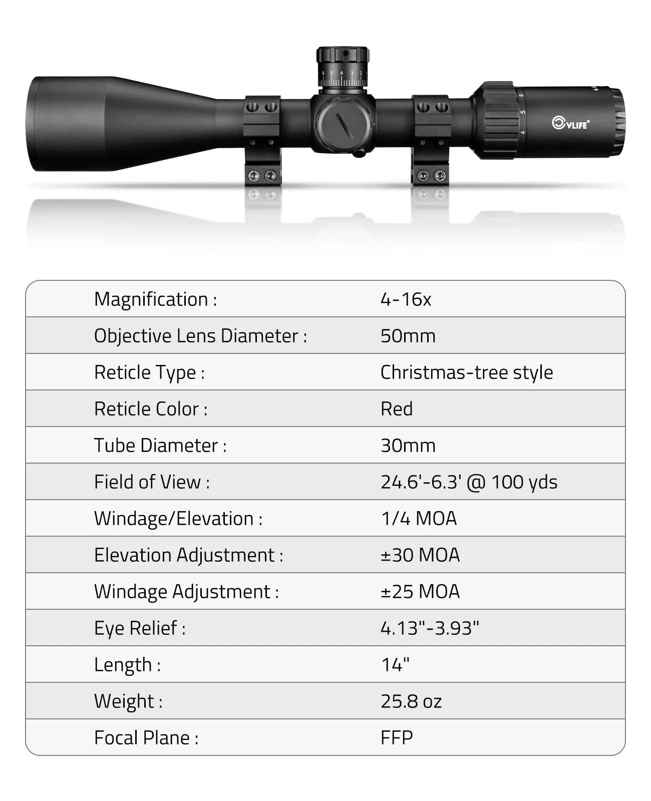 Rifle 4-16X50 First Focal Plane Scope BearPower FFP with MOA Illuminated Reticle, Zero Stop, Zero Reset, Parallax Adjustment - 3