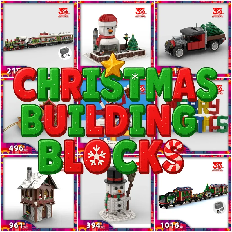 2025 tijolos de construção DIY de Natal – trem a motor, trenó do Papai Noel, casa de tijolos e bola de neve Conjunto de brinquedos divertidos para férias