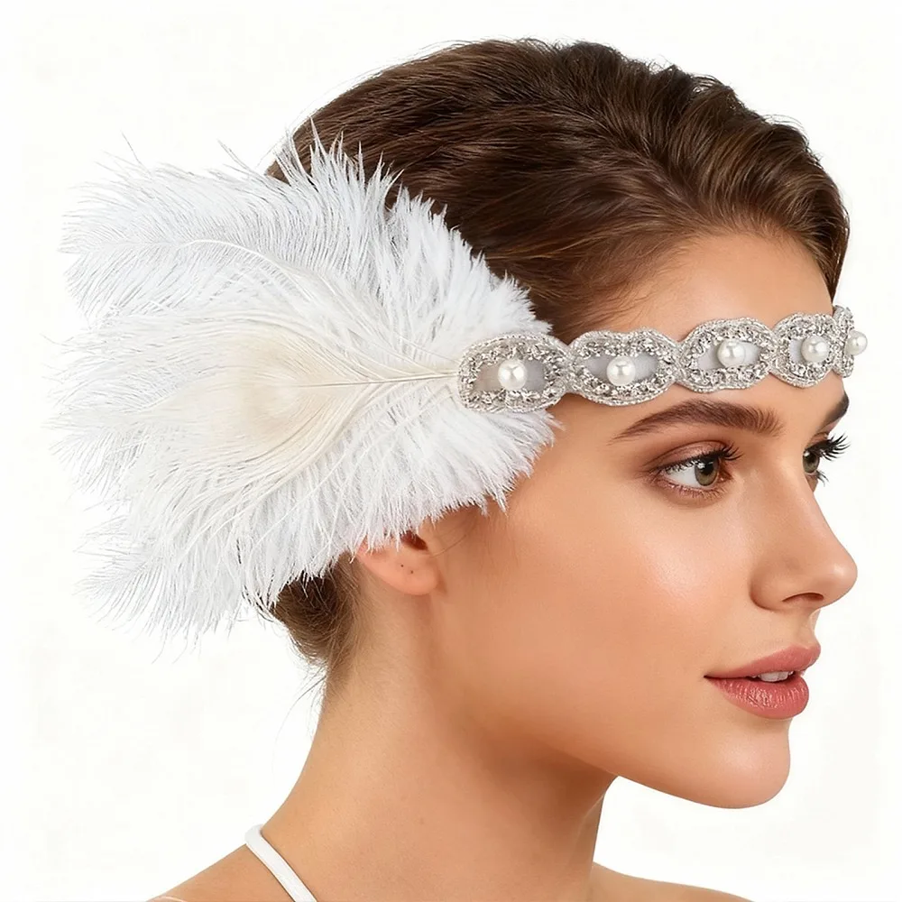 

Alloy Rubber Rhinestone Feathers Seed Glass Plastic Headbands Hair Accessories for Women Girls White 470x16~22mm