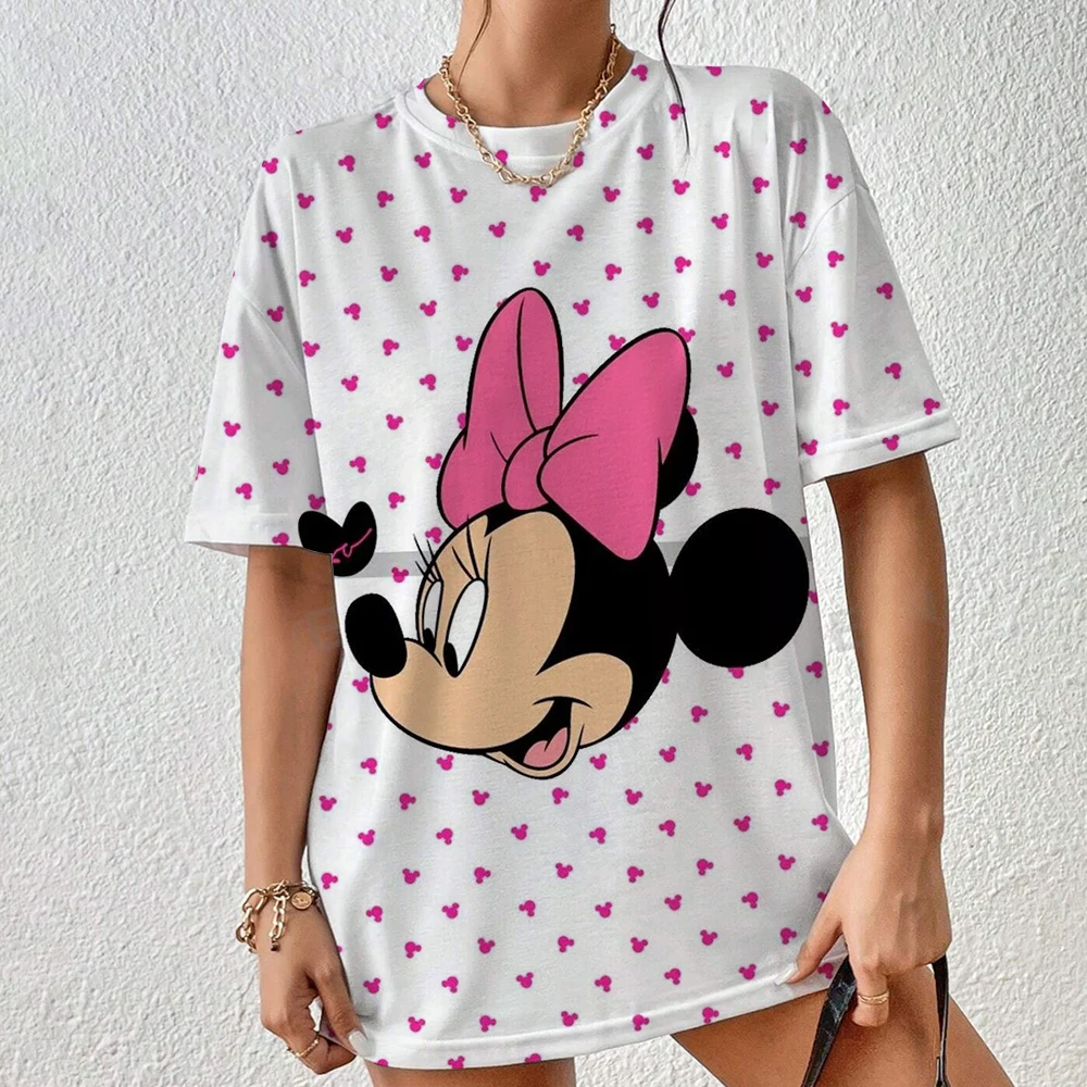 

Women's Disney Minnie Mouse Graphic T-Shirt Cute White Tee with All Over Pink Minnie Icons & Big Bow Design Outdoor Casual Top