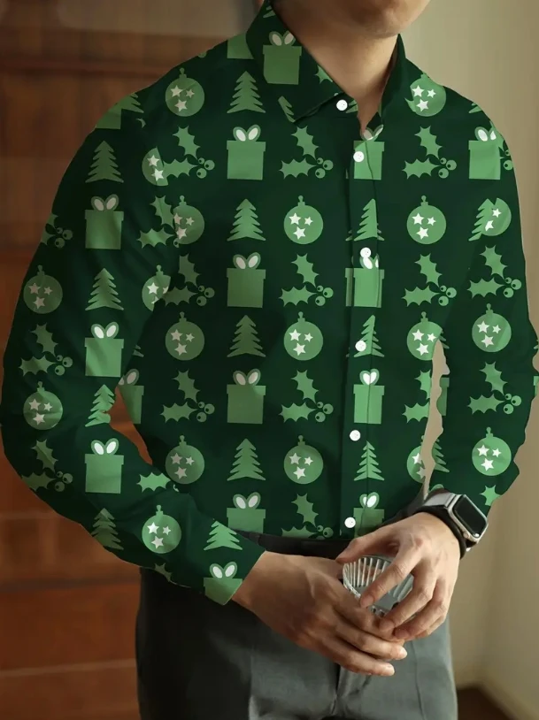 Men'S Elegant Casual Shirt - Black with Abstract Green Graphic Print, Long Sleeve Button-Up, All-Season Regular Fit,